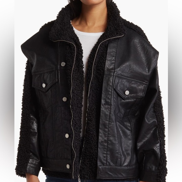 Black Faux Leather Jacket with Shearling Trim
